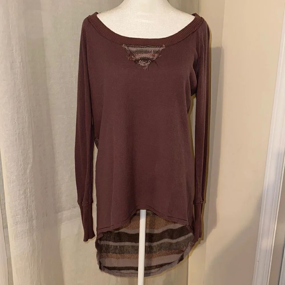 fp We The Free M Mauve Tan Lavender Gray Striped Waffle Knit Thermal Sweater
